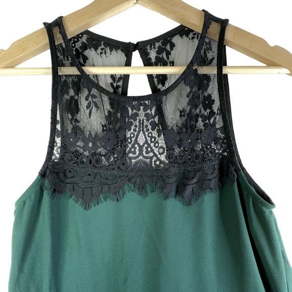 Socialite Women's Dress XS Green Mini with Black Lace Fully Lined Button EUC - Picture 4 of 9